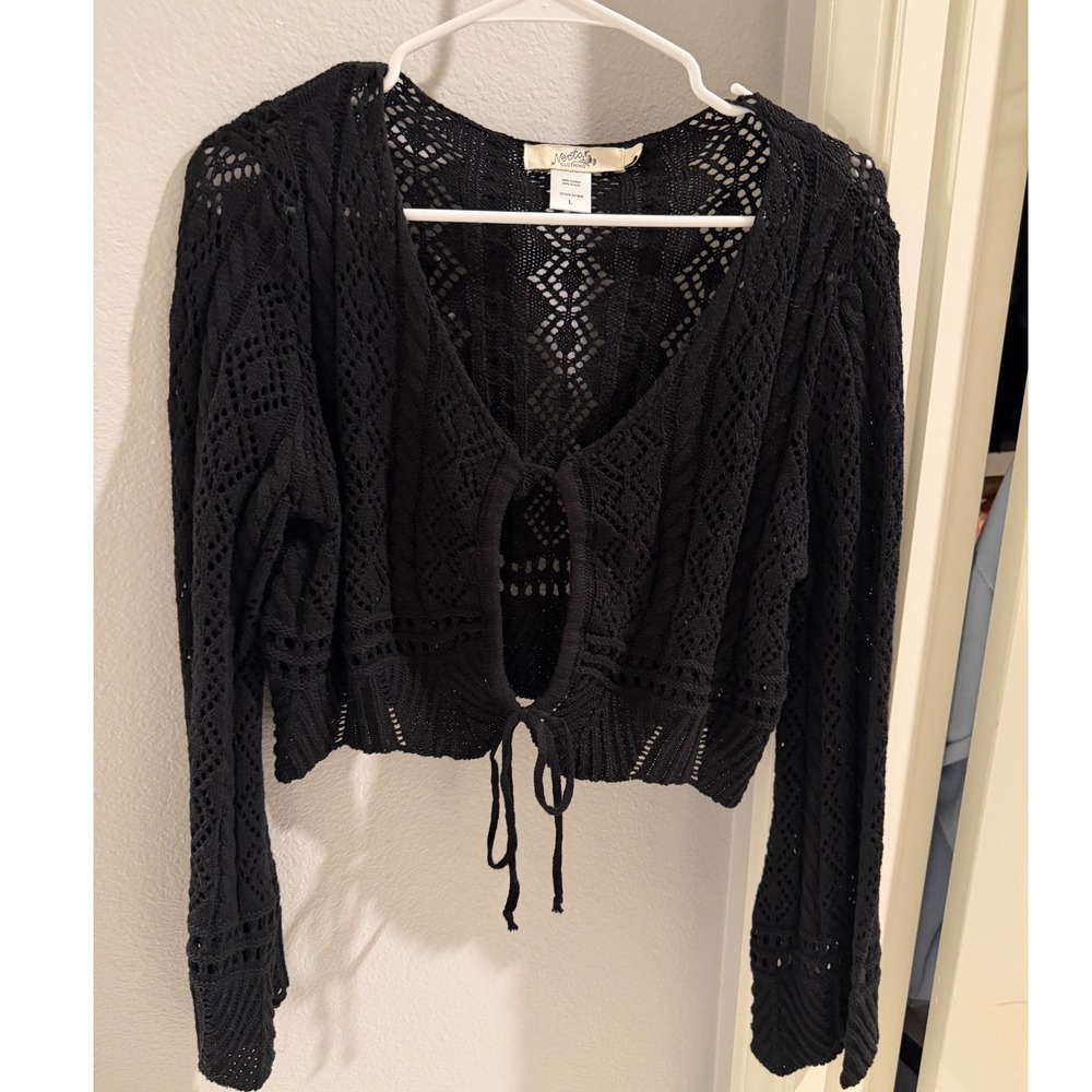Nectar Clothing Black Crochet Knit Tie Front Cropped Cardigan Sweater Large